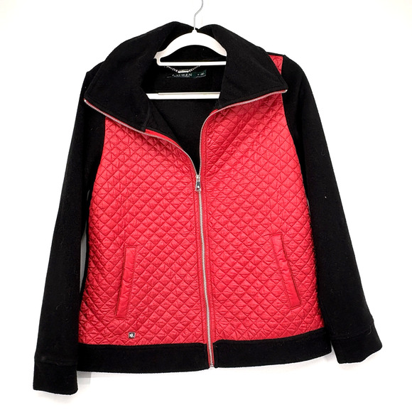 Lauren Ralph Lauren Jacket Women's Small Black Fleece Red Quilted Zip Front - Picture 1 of 6
